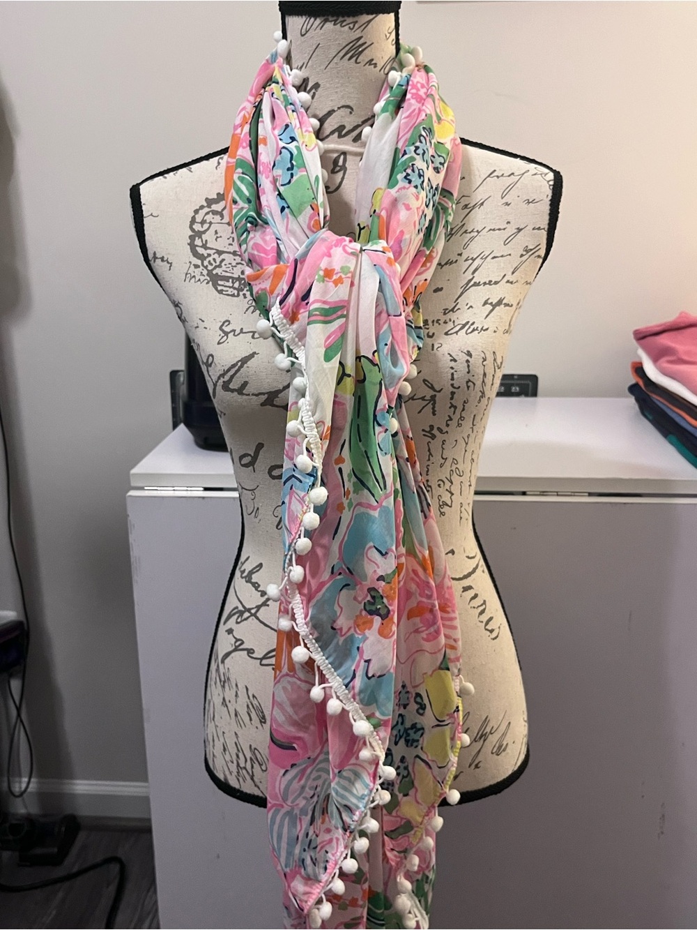 Lilly Pulitzer Pastel Floral Pom-Pom Scarf - Pink, Blue, Green